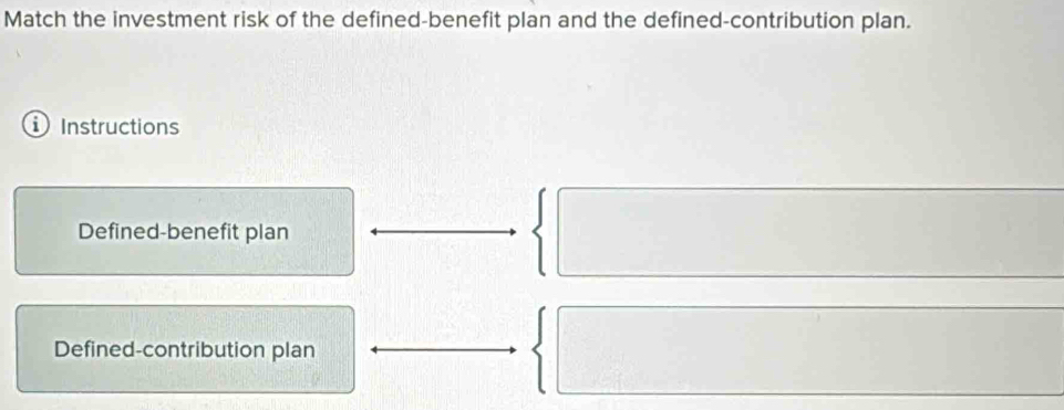 Match the investment risk of the defined-benefit plan and the defined-contribution plan. 
Instructions 
Defined-benefit plan 
Defined-contribution plan