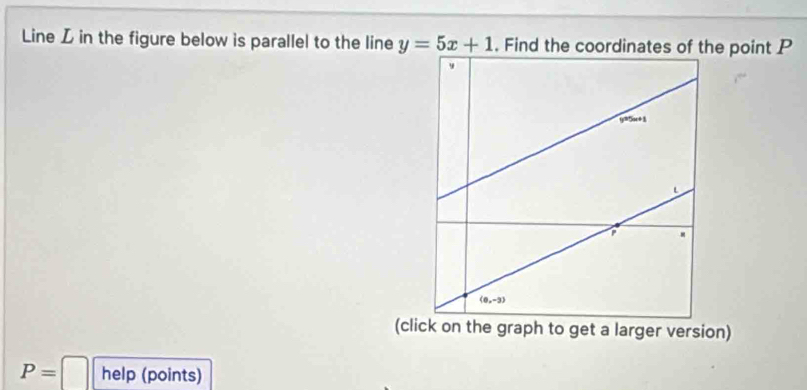 Line L in the figure below is parallel to the line y=5x+1. Find the coordinates of the point P
(click on the graph to get a larger version)
P= □ help (points)