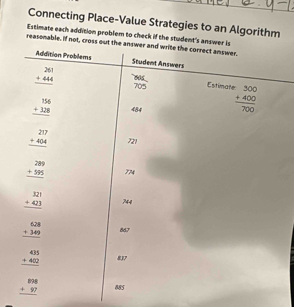 Connecting Place-Value Strategies to an Algorithm
Estimate each addition problem to check if the student’s 
reasonable. If not, cr
a