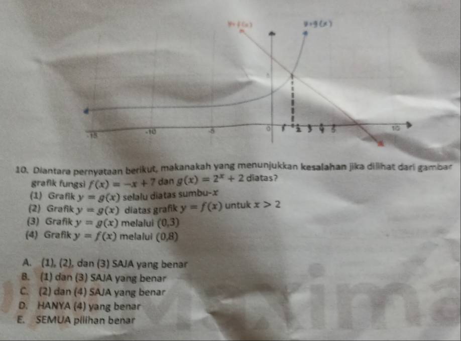 Diantara pernyataan berikut, makanakah yang menunjukkan kesalahan jika dilihat dari gambar
grafik fungsi f(x)=-x+7 dan g(x)=2^x+2 diatas?
(1) Grafik y=g(x) selalu diatas sumbu-x
(2) Grafik y=g(x) diatas grafik y=f(x) untuk x>2
(3) Grafik y=g(x) melalui (0,3)
(4) Grafik y=f(x) melalui (0,8)
A. (1), (2), dan (3) SAJA yang benar
B. (1) dan (3) SAJA yang benar
C. (2) dan (4) SAJA yang benar
D. HANYA (4) yang benar
E. SEMUA pilihan benar