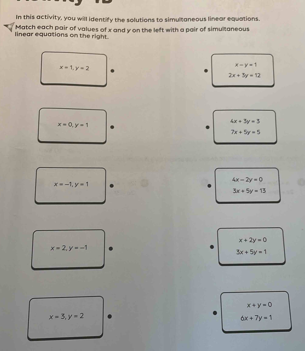 In this activity, you will identify the solutions to simultaneous linear equations.
Match each pair of values of x and y on the left with a pair of simultaneous
linear equations on the right.
x=1, y=2
x-y=1
2x+3y=12
x=0, y=1
4x+3y=3
7x+5y=5
4x-2y=0
x=-1, y=1
3x+5y=13
x+2y=0
x=2, y=-1
3x+5y=1
x+y=0
x=3, y=2
6x+7y=1