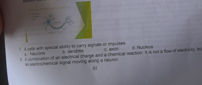 A cells with special ability to carry sigls or impulses.
8. A combination of an electrical charge and a chemical reaction. It is not a flow of electricity, bu a. Neurons b. dendrite c. axon d. Nucleus
an electrochemical signal moving along a neuron.
82