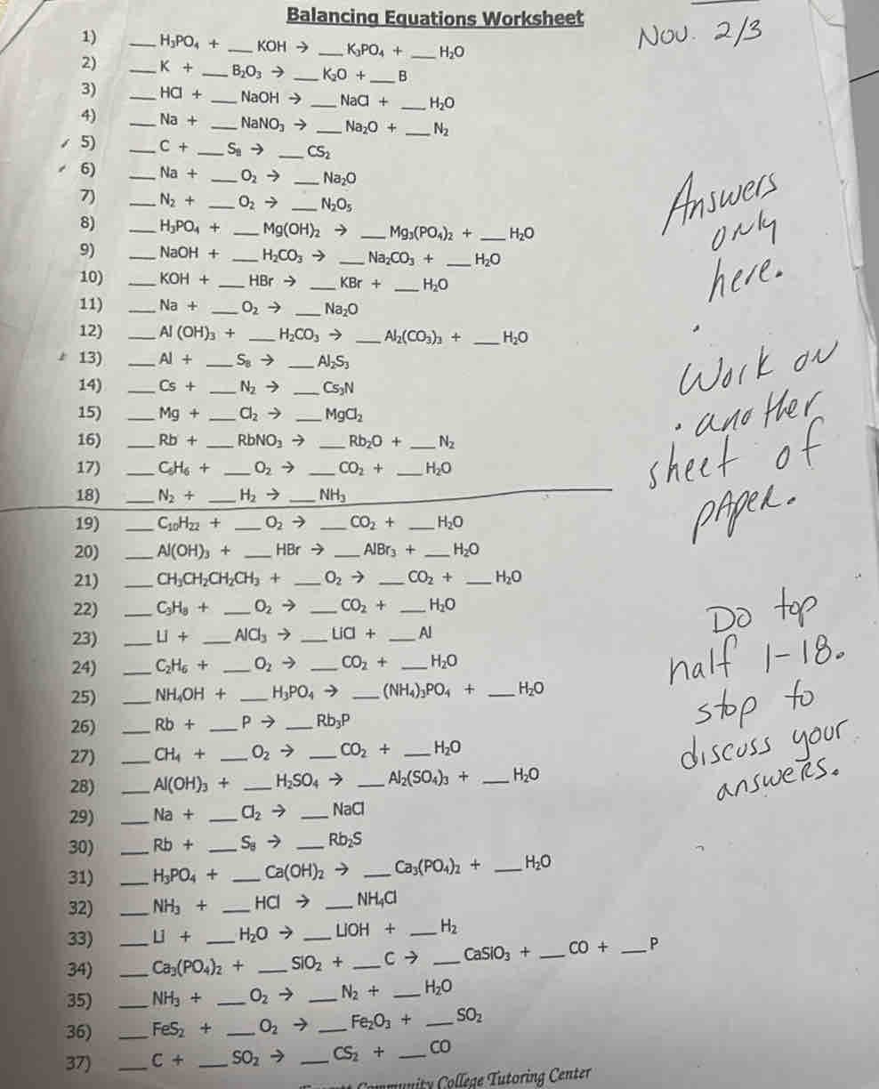 Balancing Equations Worksheet
1) _ H_3PO_4+ _ KOHto _ K_3PO_4+ _ H_2O
2) _ K+ _ B_2O_3to _ K_2O+ _ B
3) _ HCI+ _ NaOHto _ NaCl+ _ H_2O
4) _ Na+ _ NaNO_3to _ Na_2O+ _ N_2
5) _ C+ _ S_□ to _ CS_2
6) _ Na+ _ O_2to _ Na_2O
7) _ N_2+ _ O_2 → _ N_2O_5
8) _ H_3PO_4+ _ Mg(OH)_2 to _ Mg_3(PO_4)_2+ _ H_2O
9) _ NaOH+ _ H_2CO_3to _ Na_2CO_3+ _ H_2O
10) _ KOH+ _ HBrto _ KBr+ _ H_2O
11) _ Na+ _ O_2 to _ Na_2O
12) _ Al(OH)_3+ _ H_2CO_3to _ Al_2(CO_3)_3+ _ H_2O
13) _ Al+ _ S_8to _ Al_2S_3
14) _ Cs+ _ N_2to _ Cs_3N
15) _ Mg+ _ Cl_2to _ MgCl_2
16) _ Rb+ _ RbNO_3to _ Rb_2O+ _ N_2
17) _ C_5H_6+ _ O_2to _ CO_2+ _ H_2O
18) _ N_2+ _ H_2 → _ NH_3
19) _ C_10H_22+ _ O_2to _ CO_2+ _ H_2O
20) _ Al(OH)_3+ _HBr → _ AlBr_3+ _ H_2O
21) _ CH_3CH_2CH_2CH_3+ _ O_2to _ CO_2+ _ H_2O
22) _ C_3H_8+ _ O_2to _ CO_2+ _ H_2O
23) _ U+ _ AlCl_3to _ UC+ _Al
24) _ C_2H_6+ _ O_2to _ CO_2+ _ H_2O
25) _ NH_4OH+ _ H_3PO_4to _ (NH_4)_3PO_4+ _ H_2O
26) _ Rb+ _ Pto _ Rb_3P
27) _ CH_4+ _ O_2to _ CO_2+ _ H_2O
28) _ Al(OH)_3+ _ H_2SO_4to _ Al_2(SO_4)_3+ _ H_2O
29) _ Na+ _ Cl_2to _ NaCl
30) _ Rb+ _ S_8to _ Rb_2S
31) _ H_3PO_4+ _ Ca(OH)_2 - _ Ca_3(PO_4)_2+ _ H_2O
32) _ NH_3+ _ HCIto _ NH_4Cl
33) □ + H_2Oto _ LIOH+ _ H_2
34) __ Ca_3(PO_4)_2+ _ _ SiO_2+ _ Cto _ CaSiO_3+ _ co+ _P
35) _ NH_3+ _ O_2to _ N_2+ _ H_2O
36) _ FeS_2+ _ O_2to _ Fe_2O_3+ _ SO_2
37) _ C+ _ SO_2to _ CS_2+ _ CO
munity ollege Tutoring Center