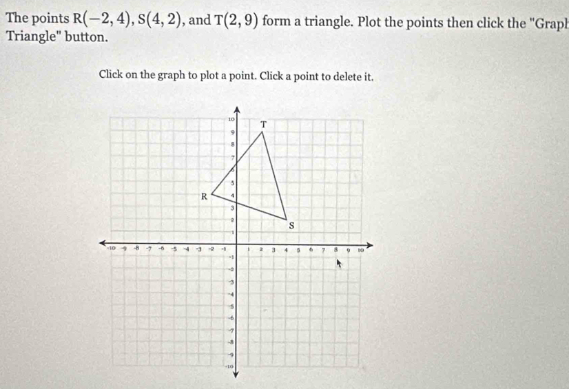 The points R(-2,4), S(4,2) , and T(2,9) form a triangle. Plot the points then click the 'Graph 
Triangle" button. 
Click on the graph to plot a point. Click a point to delete it.