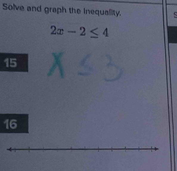 Solve and graph the inequality. 
S
2x-2≤ 4
15
16