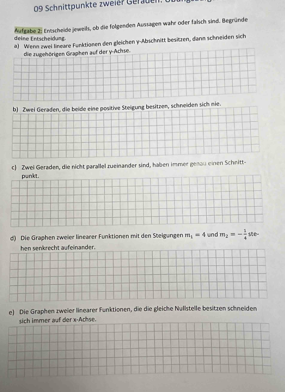 Schnittpunkte zweier Geräuen. U 
Aufgabe 2: Entscheide jeweils, ob die folgenden Aussagen wahr oder falsch sind. Begründe 
deine Entscheidung. 
a) Wenn zwei lineare Funktionen den gleichen y -Abschnitt besitzen, dann schneiden sich 
die zugehörigen Graphen auf der y -Achse. 
b) Zwei Geraden, die beide eine positive Steigung besitzen, schneiden sich nie. 
c) Zwei Geraden, die nicht parallel zueinander sind, haben immer genau einen Schnitt- 
punkt. 
d) Die Graphen zweier linearer Funktionen mit den Steigungen m_1=4 und m_2=- 1/4  ste- 
hen senkrecht aufeinander. 
e) Die Graphen zweier linearer Funktionen, die die gleiche Nullstelle besitzen schneiden 
sich immer auf der x -Achse.