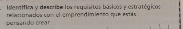 Identifica y describe los requisitos básicos y estratégicos 
relacionados con el emprendimiento que estás 
pensando crear.