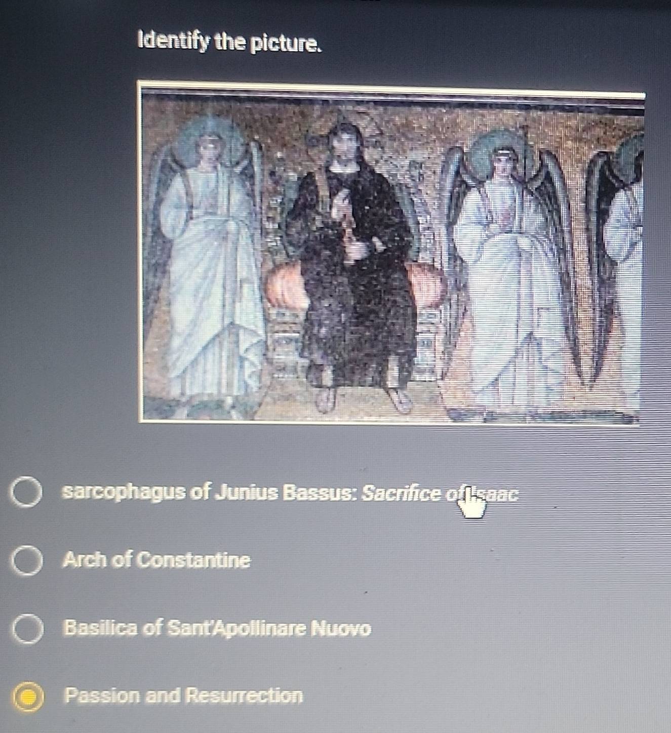 Resuelto:Identify the picture. sarcophagus of Junius Bassus: Sacrifice ...