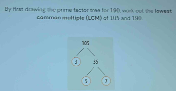 By first drawing the prime factor tree for 190, work out the lowest 
common multiple (LCM) of 105 and 190.