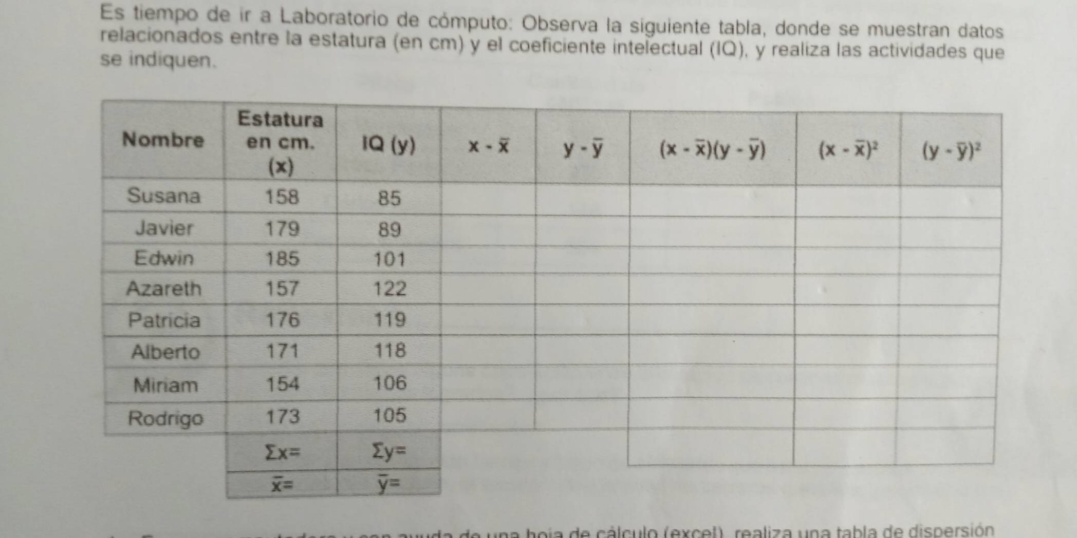 Es tiempo de ir a Laboratorio de cómputo: Observa la siguiente tabla, donde se muestran datos
relacionados entre la estatura (en cm) y el coeficiente intelectual (IQ), y realiza las actividades que
se indiquen.
una hoja de cálculo (excel), realiza una tabla de dispersión