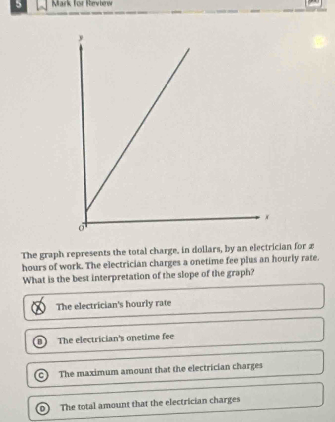 for Review
The graph represents the total charge, in dollars, by an electrician for x
hours of work. The electrician charges a onetime fee plus an hourly rate.
What is the best interpretation of the slope of the graph?
The electrician's hourly rate
The electrician's onetime fee
The maximum amount that the electrician charges
0 The total amount that the electrician charges