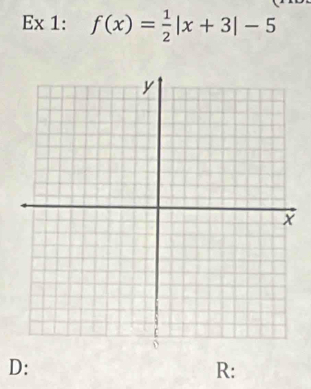 Ex 1: f(x)= 1/2 |x+3|-5
D: 
R: