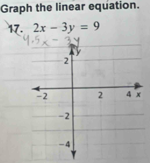 Graph the linear equation. 
17. 2x-3y=9