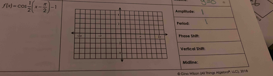 f(x)=cos  1/2 (x- π /2 )-1
Amplitude: 
Period: 
Phase Shift: 
Vertical Shift: 
Midline: 
Gina Wilson (All Things Algebra®, LLC), 2018