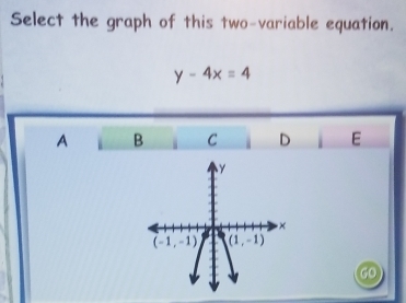 Select the graph of this two-variable equation.
y-4x=4
A B C D i E