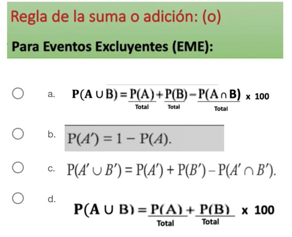 Regla de la suma o adición: (o)
Para Eventos Excluyentes (EME):
a. P(A∪ B)= P(A)/Total + P(B)/Total - P(A∩ B)/Total * 100
b. P(A')=1-P(A).
C. P(A'∪ B')=P(A')+P(B')-P(A'∩ B').
d.
P(A∪ B)= P(A)/Total + P(B)/Total * 100