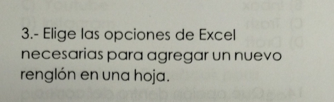 3.- Elige las opciones de Excel 
necesarias para agregar un nuevo 
renglón en una hoja.