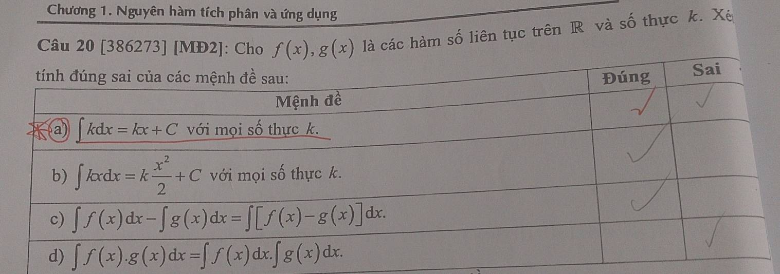 Chương 1. Nguyên hàm tích phân và ứng dụng
Câu 20 [386273] [ là các hàm số liên tục trên R và số thực k. Xé