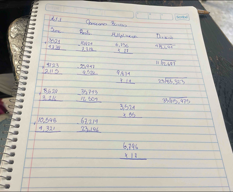 Act. 1 Opencciones Bioicas 
Some. Desta. Molliplicacon Division
beginarrayr 3521 +4734 hline endarray beginarrayr 10,924 -7,318 hline endarray beginarrayr 6,736 * 27 hline endarray beginarrayr 4encloselongdiv 8,699endarray
l1 beginarrayr encloselongdiv 12,697endarray
beginarrayr 4723 +2,115 hline endarray beginarrayr 25,947 9,524 hline endarray beginarrayr 9.874 * 14 hline endarray 23sqrt(85,323)
beginarrayr 8,624 +3,216 hline endarray beginarrayr 35,743 -12,509 hline endarray
beginarrayr 33encloselongdiv 115,975endarray
beginarrayr 3,524 * 55 hline endarray
beginarrayr 10,598 +4,321 hline endarray beginarrayr 67,219 23,196 hline endarray
beginarrayr 6,796 * 17 hline endarray