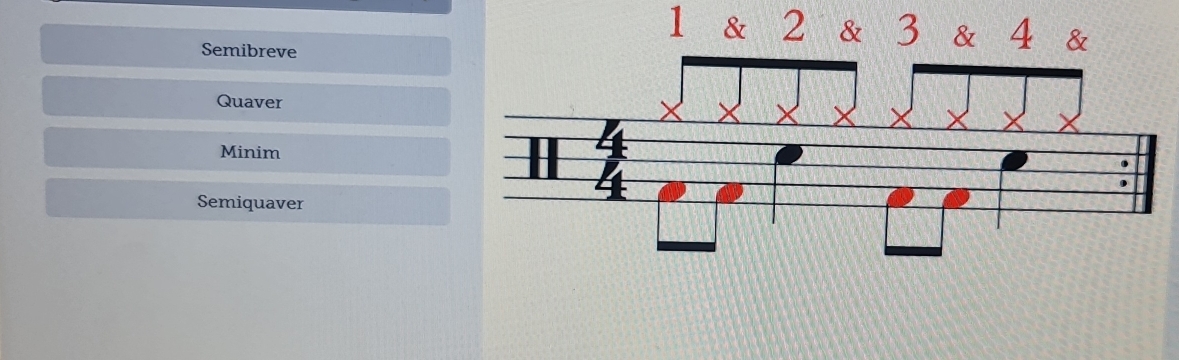 1
Semibreve
Quaver
Minim
Semiquaver