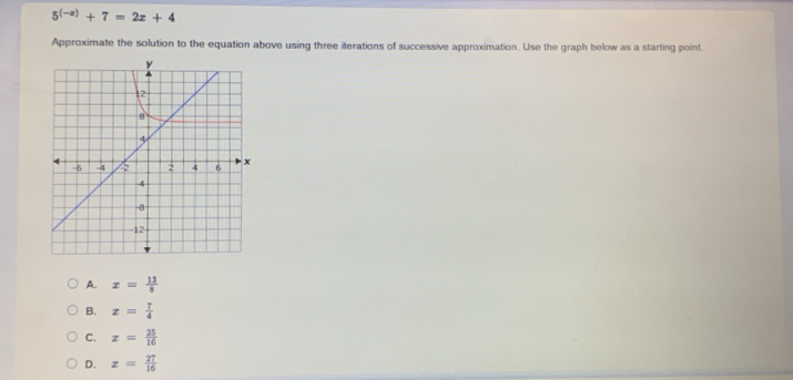 5^((-x))+7=2x+4
Approximate the solution to the equation above using three iterations of successive approximation. Use the graph below as a starting point.
A. x= 13/8 
B. x= 7/4 
C. x= 25/16 
D. x= 27/16 