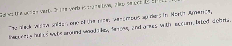 Select the action verb. If the verb is transitive, also select its airect ul 
The black widow spider, one of the most venomous spiders in North America, 
frequently builds webs around woodpiles, fences, and areas with accumulated debris.