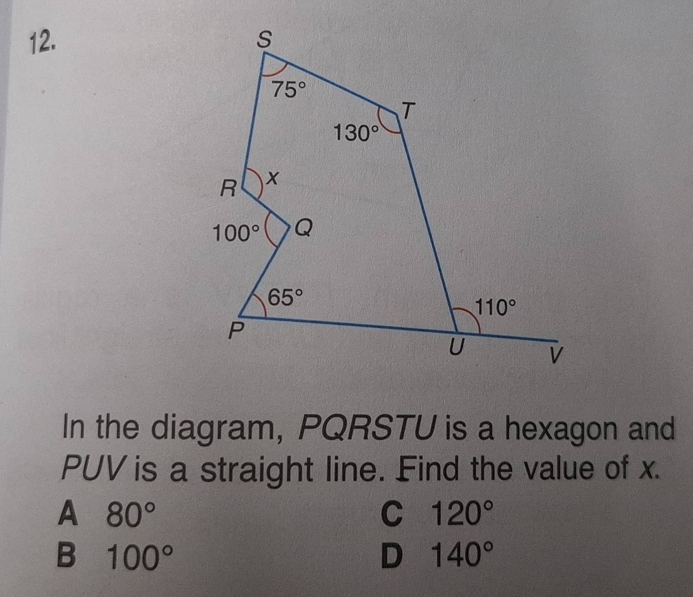 In the diagram, PQRSTU is a hexagon and
PUV is a straight line. Find the value of x.
A 80°
C 120°
B 100°
D 140°