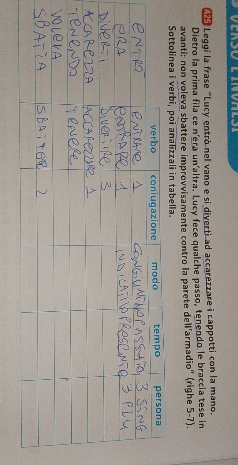 Versó linúalsi 
A25 Leggi la frase “Lucy entrò nel vano e si divertì ad accarezzare i cappotti con la mano. 
Dietro la prima fila ce n’era un’altra. Lucy fece qualche passo, tenendo le braccia tese in 
avanti: non voleva sbattere improvvisamente contro la parete dell’armadio” (righe 5-7). 
Sottolinea i verbi, poi analizzali in tabella.