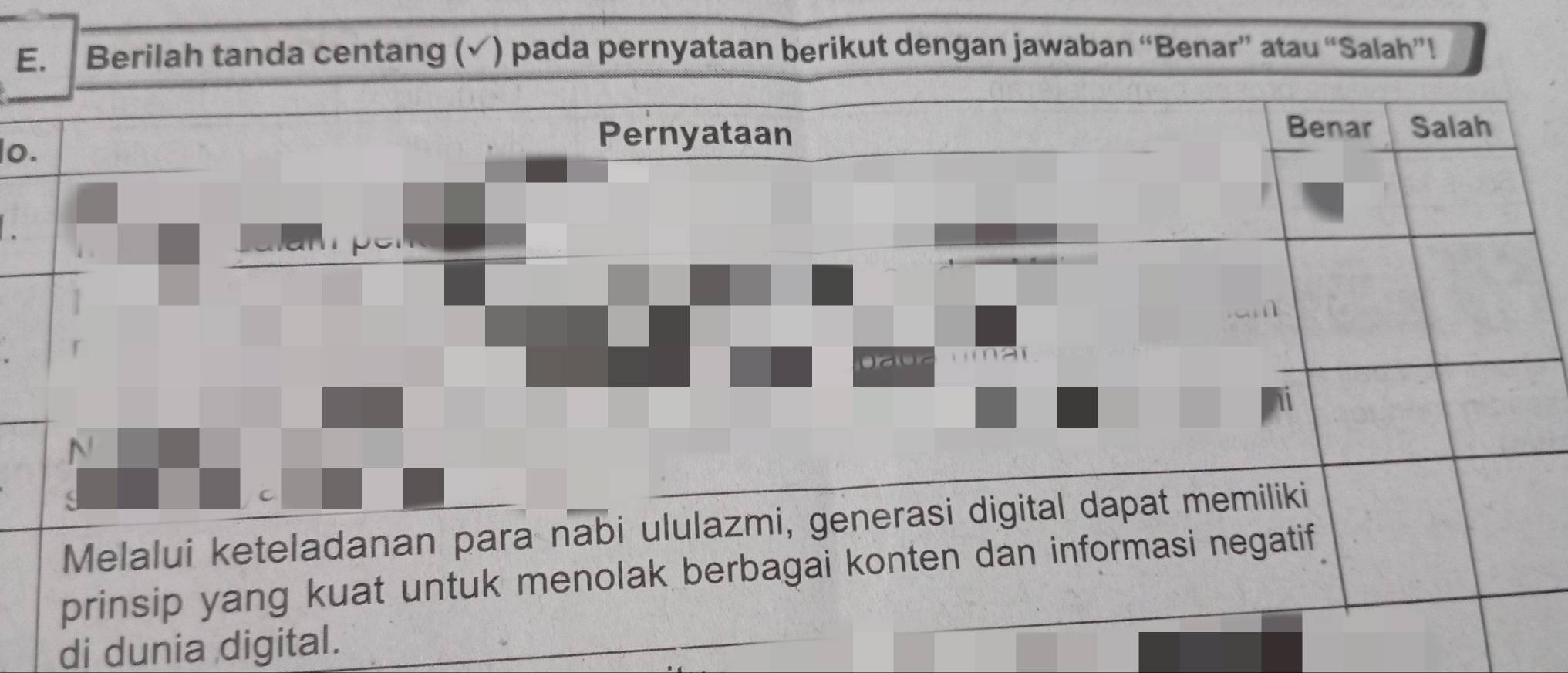 Berilah tanda centang (√) pada pernyataan berikut dengan jawaban “Benar” atau “Salah”!
Pernyataan
lo. Benar Salah
pe

a umar
1
N
C
Melalui keteladanan para nabi ululazmi, generasi digital dapat memiliki
prinsip yang kuat untuk menolak berbagai konten dan informasi negatif
di dunia digital.