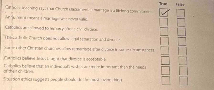 True False
Catholic teaching says that Church (sacramental) marriage is a lifelong commitment.
Annulment means a marriage was never valid.
Catholics are allowed to remarry after a civil divorce.
The Catholic Church does not allow legal separation and divorce.
Some other Christian churches allow remarriage after divorce in some circumstances.
Catholics believe Jesus taught that divorce is acceptable
Catholics believe that an individual's wishes are more important than the needs
of their children.
Situation ethics suggests people should do the most loving thing