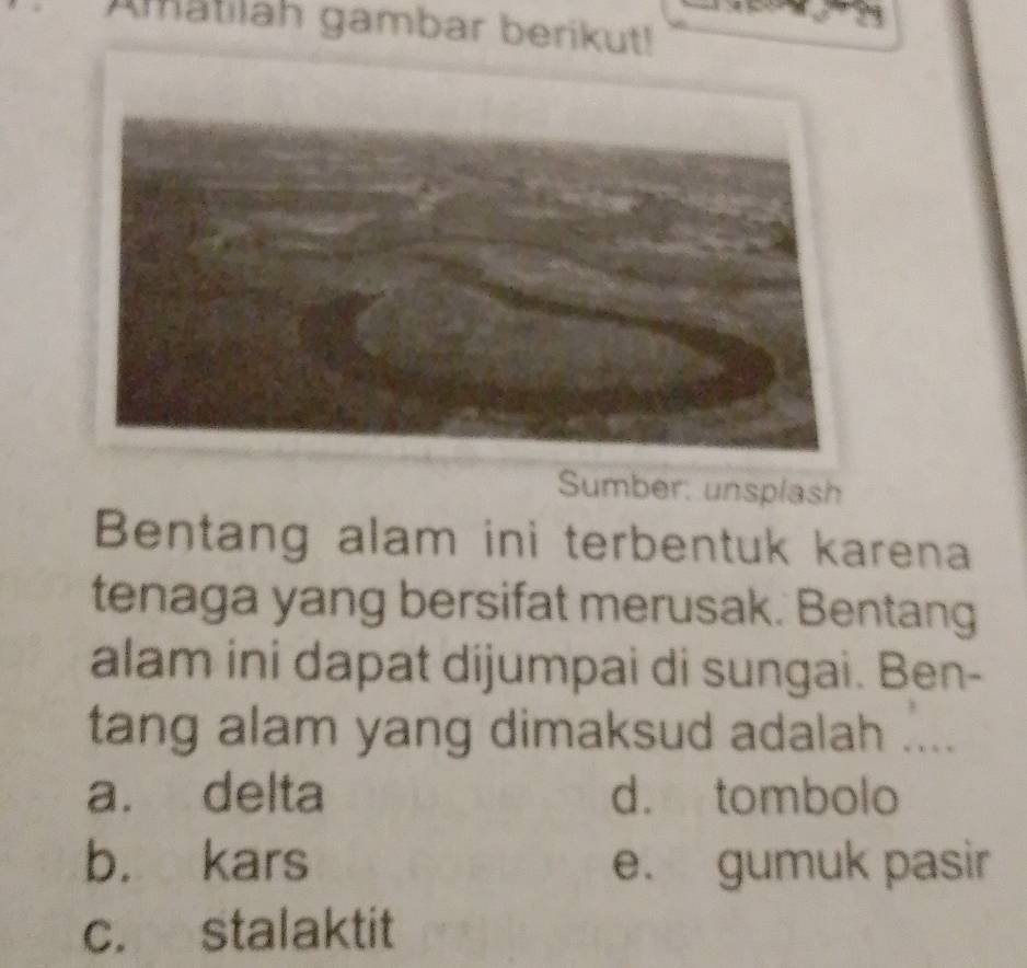 Amatilah gambar berikut!
Sumber: unsplash
Bentang alam ini terbentuk karena
tenaga yang bersifat merusak. Bentang
alam ini dapat dijumpai di sungai. Ben-
tang alam yang dimaksud adalah ....
a. delta d. tombolo
b. kars e. gumuk pasir
c. stalaktit