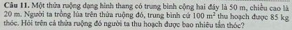 Một thửa ruộng dạng hình thang có trung bình cộng hai đây là 50 m, chiều cao là
20 m. Người ta trồng lúa trên thửa ruộng đó, trung bình cứ 100m^2 thu hoạch được 85 kg
thóc. Hỏi trên cả thửa ruộng đó người ta thu hoạch được bao nhiêu tần thóc?