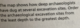 The map shows how deep archaeologists 
have dug at several excavation sites. Order 
the archaeological excavation sites from 
the least depth to the greatest depth.