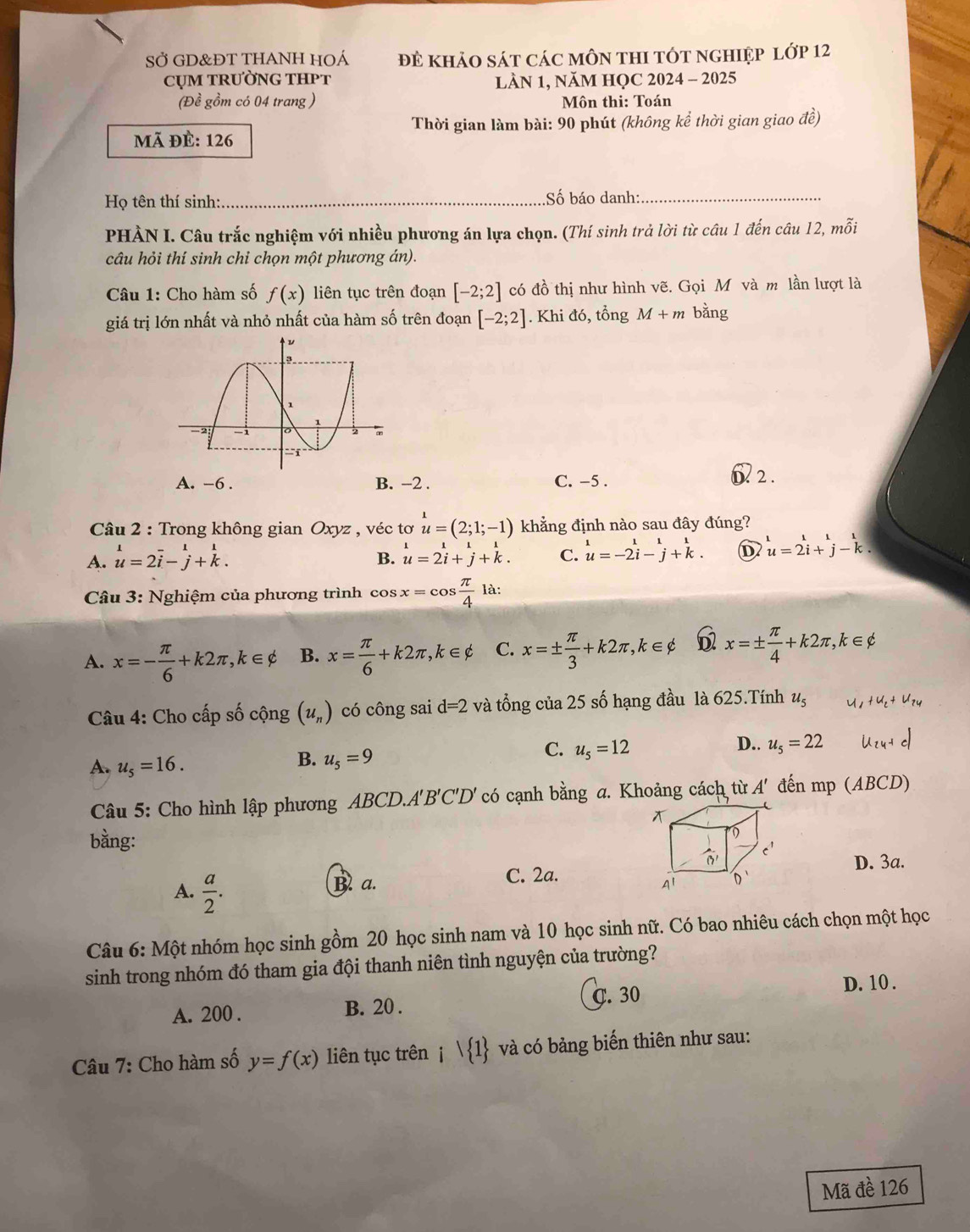 SỞ GD&ĐT THANH HOÁ đẻ khảO sát CáC mÔN tHI tÓt ngHIệp lớp 12
CỤM TRƯỜNG THPT  lÀN 1, NăM HỌC 2024 - 2025
(Đề gồm có 04 trang )  Môn thi: Toán
Thời gian làm bài: 90 phút (không kể thời gian giao đề)
Mã đè: 126
Họ tên thí sinh:_ .Số báo danh:_
PHÀN I. Câu trắc nghiệm với nhiều phương án lựa chọn. (Thí sinh trả lời từ câu 1 đến câu 12, mỗi
câu hỏi thí sinh chỉ chọn một phương án).
Câu 1: Cho hàm số f(x) liên tục trên đoạn [-2;2] có đồ thị như hình vẽ. Gọi M và m lần lượt là
giá trị lớn nhất và nhỏ nhất của hàm số trên đoạn [-2;2]. Khi đó, tổng M+m bằng
A. -6 . B. -2 . C. -5 . D. 2 .
Câu 2 : Trong không gian Oxyz , véc tơ u=(2;1;-1) khẳng định nào sau đây đúng?
A. u=2overline u=2overline i-beginarrayr 1 jendarray +beginarrayr 1 kendarray . u=2i+beginarrayr 1 iendarray +beginarrayr 1 jendarray +beginarrayr 1 kendarray . C. u=-2i-beginarrayr 1 iendarray -beginarrayr 1 jendarray +beginarrayr 1 kendarray . D u=2i+j-k.
B.
*  Câu 3: Nghiệm của phương trình cos x=cos  π /4 la:
A. x=- π /6 +k2π ,k∈ phi B. x= π /6 +k2π ,k∈ phi C. x=±  π /3 +k2π ,k∈ phi x=±  π /4 +k2π ,k∈ phi
Câu 4: Cho cấp số cộng (u_n) có công sai d=2 và tổng của 25 số hạng đầu là 625.Tính u_5 u_1+u_2+u_24
C. u_5=12
D.. u_5=22 u_24+d
A. u_5=16.
B. u_5=9
Câu 5: Cho hình lập phương ABCD.A'B'C'D' có cạnh bằng a. Khoảng cách từ A' đến mp (ABCD)
bằng:
D. 3a.
A.  a/2 .
B. a. C. 2a.
Câu 6: Một nhóm học sinh gồm 20 học sinh nam và 10 học sinh nữ. Có bao nhiêu cách chọn một học
sinh trong nhóm đó tham gia đội thanh niên tình nguyện của trường?
D. 10 .
A. 200 . B. 20 . C.  30
Câu 7: Cho hàm số y=f(x) liên tục trên i| 1 và có bảng biến thiên như sau:
Mã đề 126