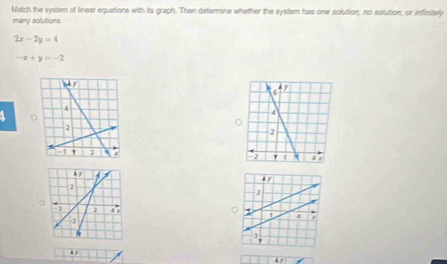 Match the system of linear equations with its graph. Then determine whether the system has one solution, no solution, or infinitely
many solutions.
2x-2y=4
-x+y=-2

A γ
Ay