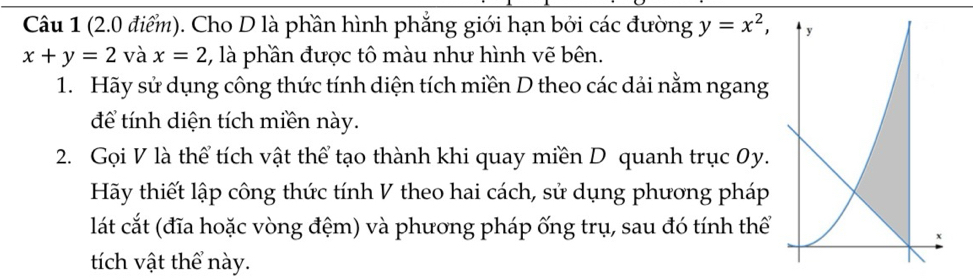 Cho D là phần hình phẳng giới hạn bởi các đường y=x^2,
x+y=2 và x=2 1, là phần được tô màu như hình vẽ bên. 
1. Hãy sử dụng công thức tính diện tích miền D theo các dải nằm ngang 
để tính diện tích miền này. 
2. Gọi V là thể tích vật thể tạo thành khi quay miền D quanh trục 0y. 
Hãy thiết lập công thức tính V theo hai cách, sử dụng phương pháp 
lát cắt (đĩa hoặc vòng đệm) và phương pháp ống trụ, sau đó tính thể 
tích vật thể này.