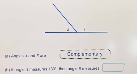 Angles A and B are Complementary
(b) If angle A measures 130° , then angle B measures