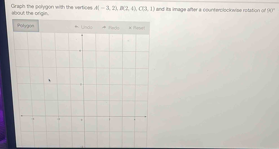 Graph the polygon with the vertices A(-3,2), B(2,4), C(3,1) and its image after a counterclockwise rotation of 90°
about the origin.