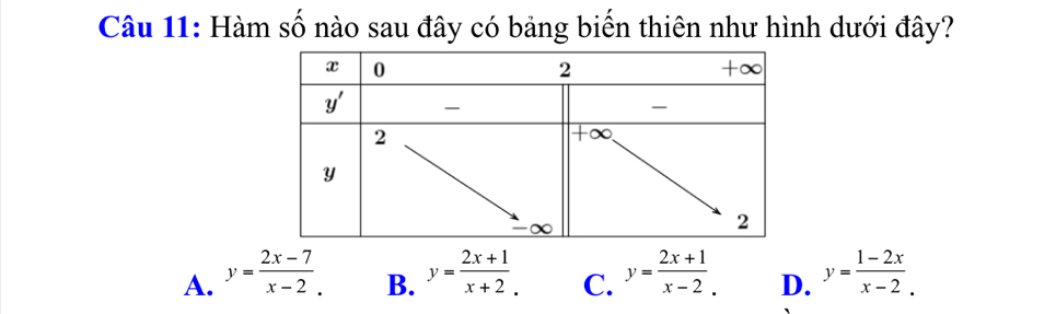 Hàm số nào sau đây có bảng biến thiên như hình dưới đây?
A. y= (2x-7)/x-2 . B. y= (2x+1)/x+2 . C. y= (2x+1)/x-2 . D. y= (1-2x)/x-2 .