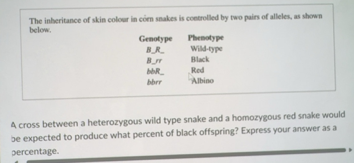 Solved: The inheritance of skin colour in corn snakes is controlled by ...