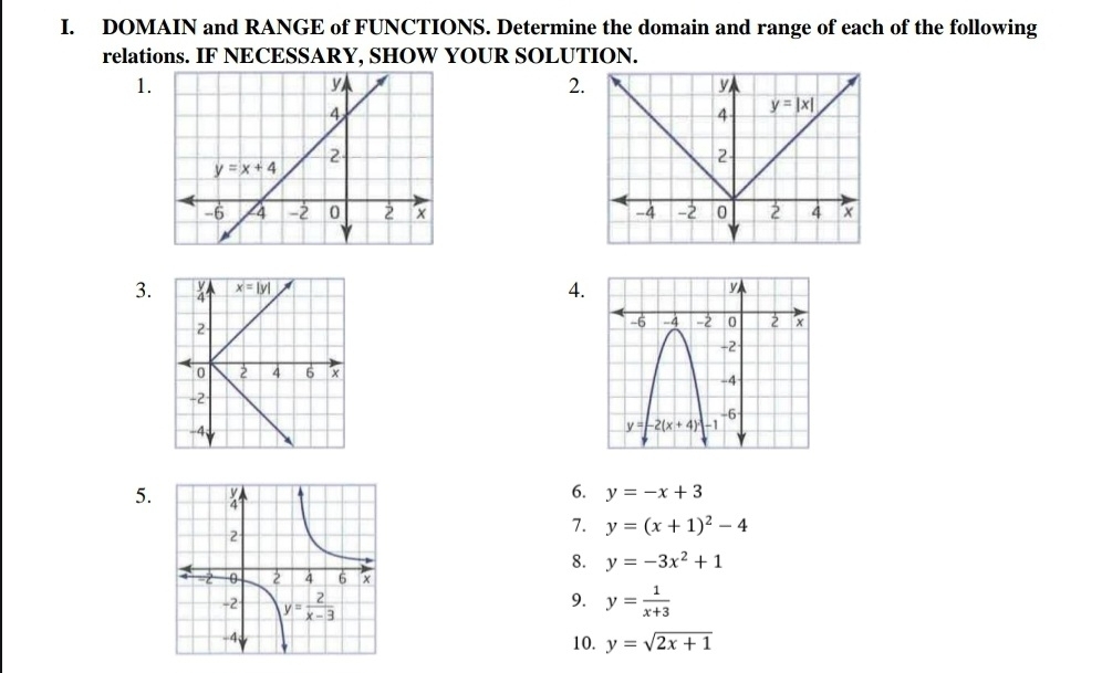 DOMAIN and RANGE of FUNCTIONS. Determine the domain and range of each of the following
relations. IF NECESSARY, SHOW YOUR SOLUTION.
1.
2.
 
3. 4.
5.
6. y=-x+3
7. y=(x+1)^2-4
8. y=-3x^2+1
9.
y= 1/x+3 
10. y=sqrt(2x+1)