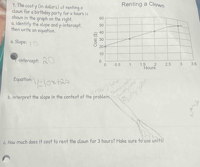 The cost y (in dollars) of renting a 
clown for a birthday party for x hours
shown in the graph on the right. 
a. Identify the slope and y-intercept, 
then write an equation. 
a. Slope: 
-intercept: 5
Equation: 
b. Interpret the slope in the context of the problem. 
c. How much does it cost to rent the clown for 3 hours? Make sure to use units!