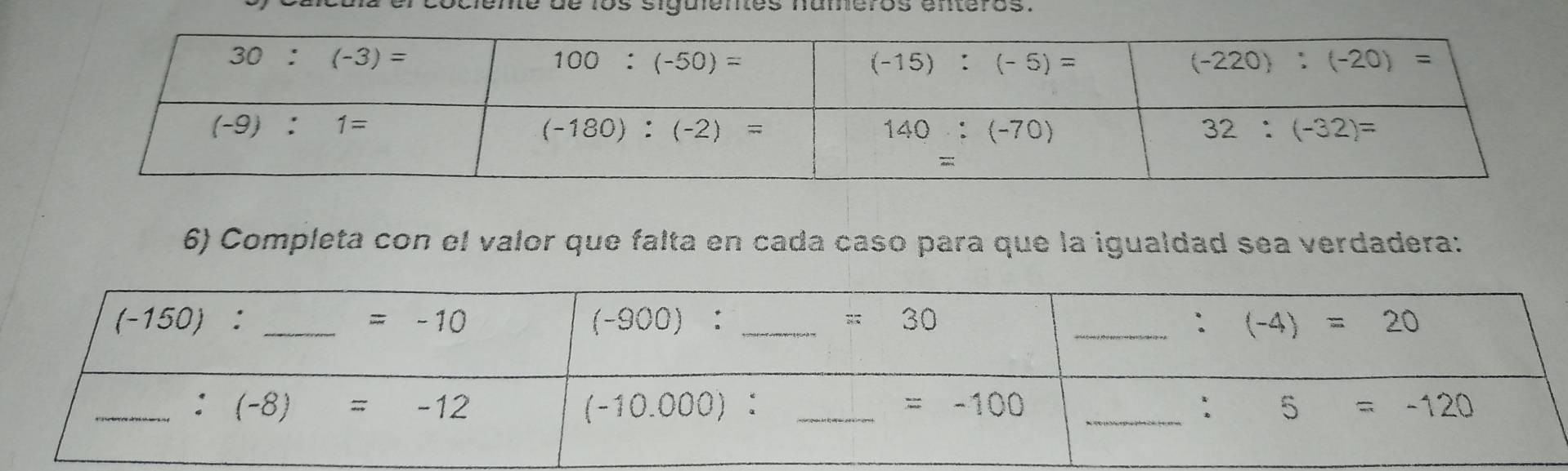 de los siguientes números enteros.
6) Completa con el valor que falta en cada caso para que la igualdad sea verdadera: