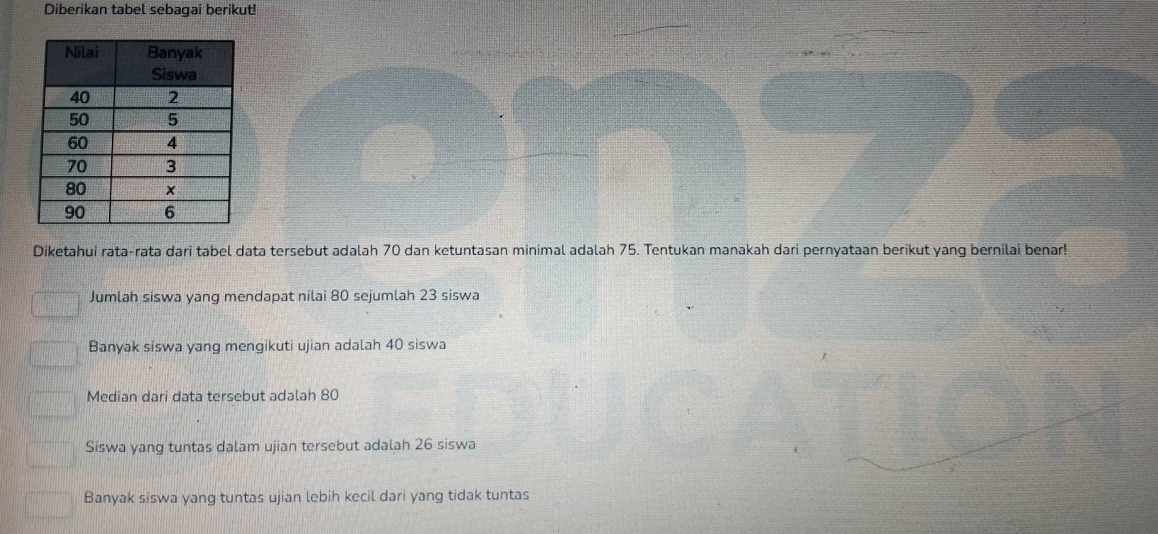 Diberikan tabel sebagai berikut!
Diketahui rata-rata dari tabel data tersebut adalah 70 dan ketuntasan minimal adalah 75. Tentukan manakah dari pernyataan berikut yang bernilai benar!
Jumlah siswa yang mendapat nilai 80 sejumlah 23 siswa
Banyak siswa yang mengikuti ujian adalah 40 siswa
Median dari data tersebut adalah 80
Siswa yang tuntas dalam ujian tersebut adalah 26 siswa
Banyak siswa yang tuntas ujian lebih kecil dari yang tidak tuntas