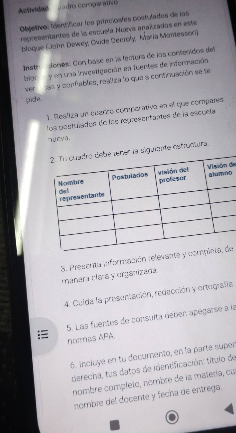 Actividad adro comparativo 
Objetivo: Identificar los principales postuíados de los 
representantes de la escuela Nueva analizados en est 
bloque (John Dewey, Ovide Decroly, María Montessori) 
Instrucciones: Con base en la lectura de los contenidos del 
bloque y en una investigación en fuentes de información 
verdicas y confiables, realiza lo que a continuación se te 
pide. 
1. Realiza un cuadro comparativo en el que compares 
los postulados de los representantes de la escuela 
nueva. 
iguiente estructura. 
de 
o 
3. Presenta información relevante ye 
manera clara y organizada. 
4. Cuida la presentación, redacción y ortografía. 
5. Las fuentes de consulta deben apegarse a la 
normas APA. 
6. Incluye en tu documento, en la parte super 
derecha, tus datos de identificación: título de 
nombre completo, nombre de la materia, cu 
nombre del docente y fecha de entrega.