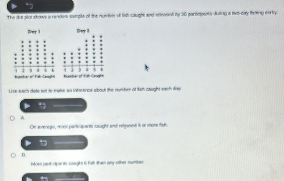 The dot plot shows a random sample of the number off fish caught and released by 30 participants during a two-day fishing derby.
Dey 1 Day 2

Number of Fisth Caught Humber of Fish Caught
Use each data set to make an inference about the number of fish caught each day :
A
On average, most participants caught and rellgased 5 or more fish.
B.
More participants caught 5 fish than any other number.