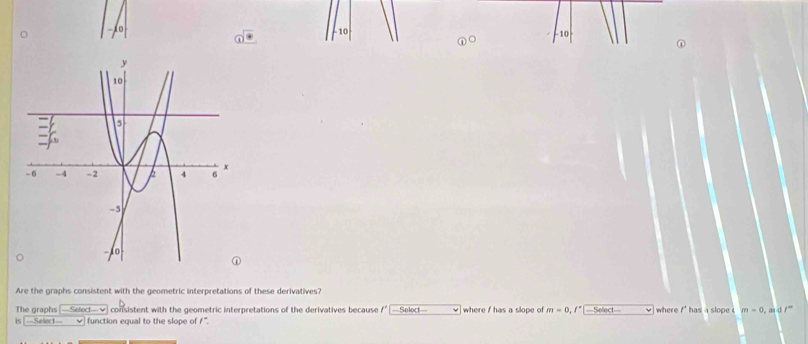 10 
10 
Are the graphs consistent with the geometric interpretations of these derivatives? 
The graphs ==Select= v consistent with the geometric interpretations of the derivatives because ==Soloc== where f has a slope of m=0. ===Select=== where i' has a slope m=0, aidt^m
is ===Select=== function equal to the slope of !'.