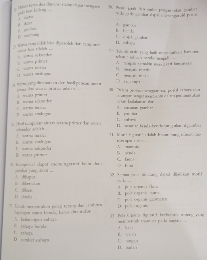 Dalam katya dua dimensi ruang dapat mengacu 28. Posisi jarak dan sudut pengambilan gambar
pada luas bidang ....
A. sketsa
pada garis gambar dapat memengaruhi posisi
B. datar
A. gambar
C. gambar
B. benda
D cembung
C. objek gambar
33. Warna yang tidak bisa diperoleh dari campuran
D. cahaya
warna lain adalah ....
29. Teknik arsir yang baik mewujudkan karakter
A. warna sekunder
tekstur sebuah benda menjadi ....
B. warna primer
A. tampak semakin mendekati kenyataan
C. warna tersier
B. menjadi estetis
D. warna analogus C. menjadi indah
Warna yang didapatkan dari hasil pencampuran D. seni rupa
antara dua warna primer adalah .... 30. Dalam proses menggambar, posisi cahaya dan
A. warna primer bayangan sangat membantu dalam pembentukan
B. warna sekunder kesan kedalaman dari ....
C. warna tersier A. susunan gambar
D. warna analogus B. gambar
C. cahaya
Hasil campuran antara warna primer dan warna D. susunan benda-benda yang akan digambar
sekunder adalah ....
A. warna tersier 31. Motif figuratif adalah hiasan yang dibuat me-
B. warna analogus nyerupai sosok ....
C. warna sekunder A. manusia
D. warna primer B. benda
C. fauna
2 Komposisi dapat memengaruhi keindahan D. flora
gambar yang akan ....
A. dihapus 32. Semua jenis binatang dapat dijadikan motif
B. dikerjakan pada ....
C. dibuat A. pola organis flora
D. ditulis B. pola organis fauna
C. pola organis geometris
27. Untuk menentukan gelap terang dan jatuhnya D. pola organis
bayangan suatu benda, harus ditentukan ....
33. Pola organis figuratif berbentuk topeng yang
A. kedatangan cahaya membentuk manusia pada bagian ....
B. cahaya benda
A. kaki
C. cahaya
B. wajah
D. sumber cahaya C. tangan
D. badan