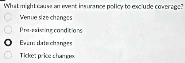 What might cause an event insurance policy to exclude coverage?
Venue size changes
Pre-existing conditions
Event date changes
Ticket price changes