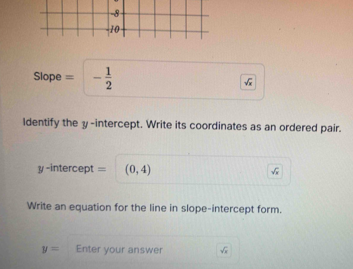 Sope = - 1/2 
sqrt(x)
Identify the y-intercept. Write its coordinates as an ordered pair.
y -intercept = (0,4) sqrt(x)
Write an equation for the line in slope-intercept form.
y= Enter your answer sqrt(x)